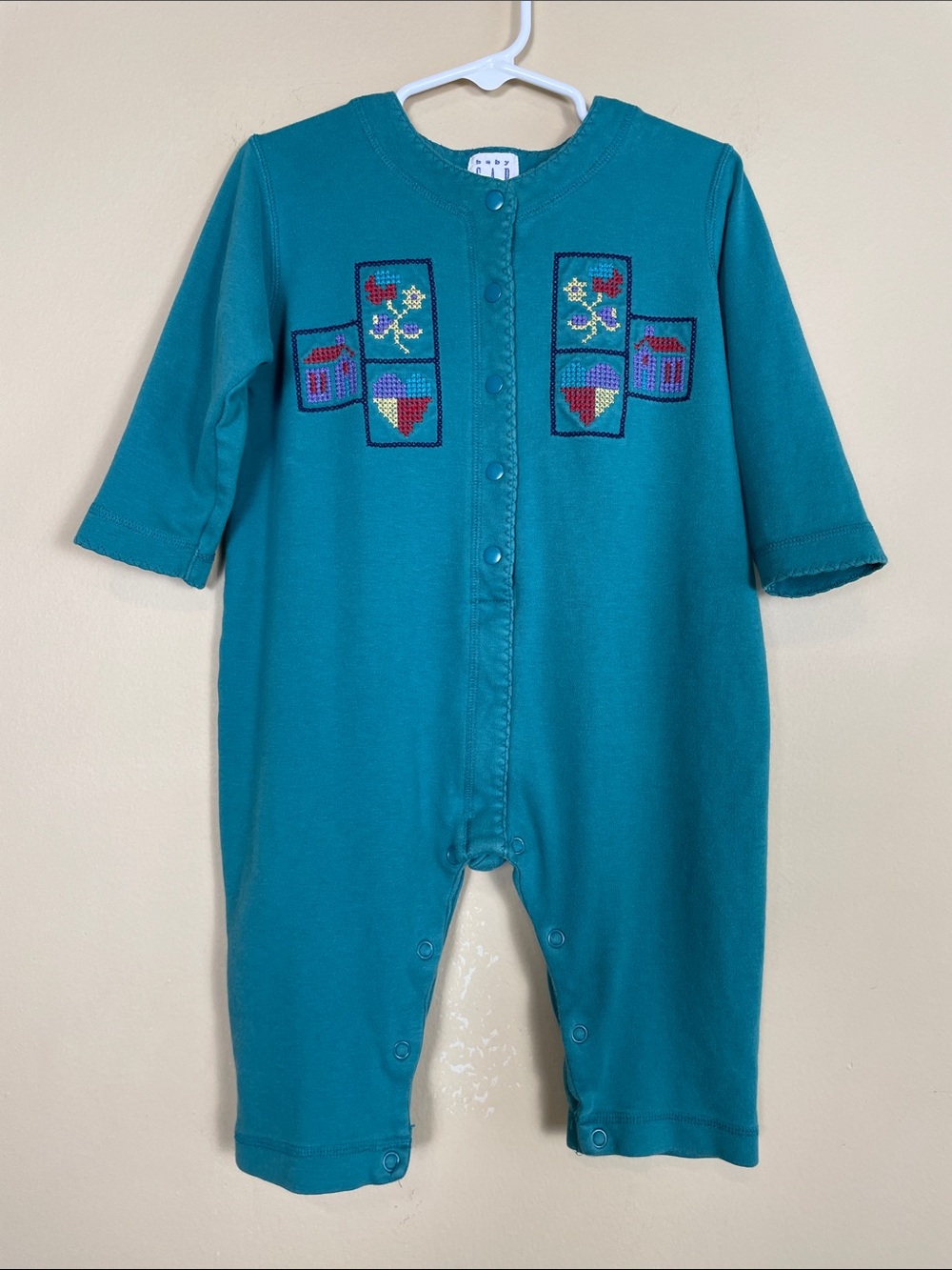 VTG Baby Gap Cross Stitch Teal Blue Snap Button Long Sleeve Onesie Bodysuit